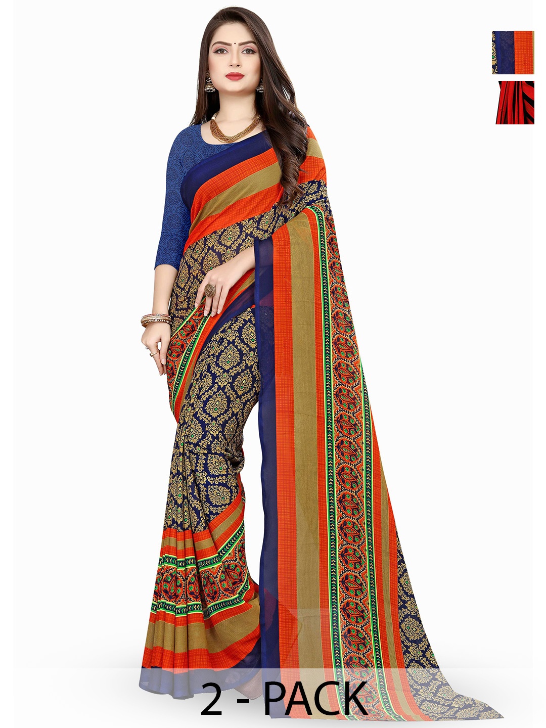 

ANAND SAREES Selection Of 2 Geometric Printed Sarees, Blue