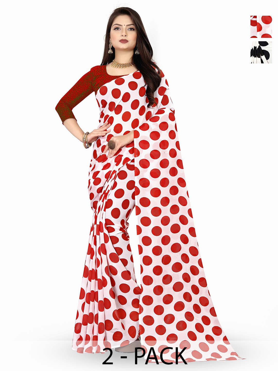 

ANAND SAREES Selection of 2 Polka Dot Printed Saree, White
