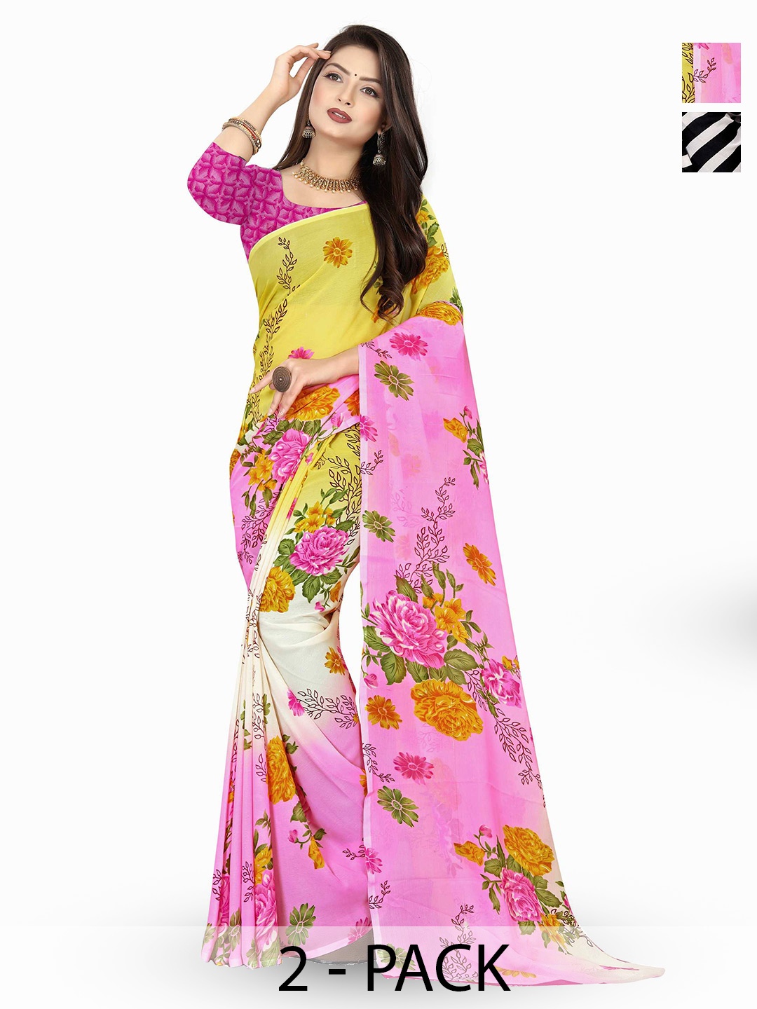 

ANAND SAREES Selection of 2 Floral Printed Sarees, Pink