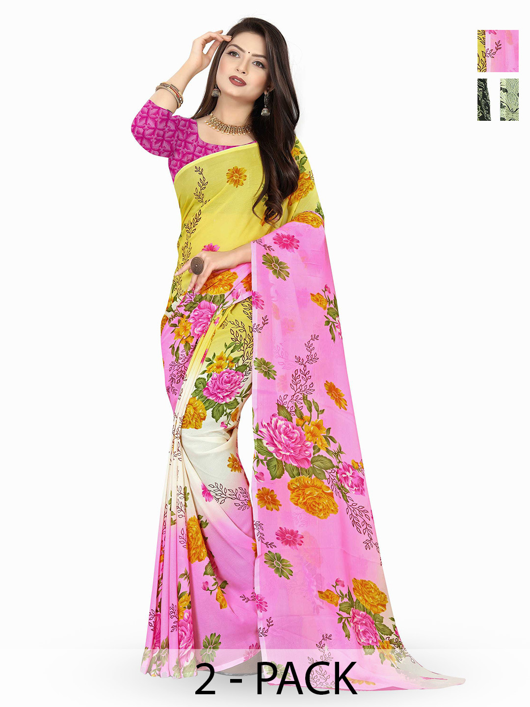 

ANAND SAREES Pack Of 2 Floral Printed Sarees, Pink