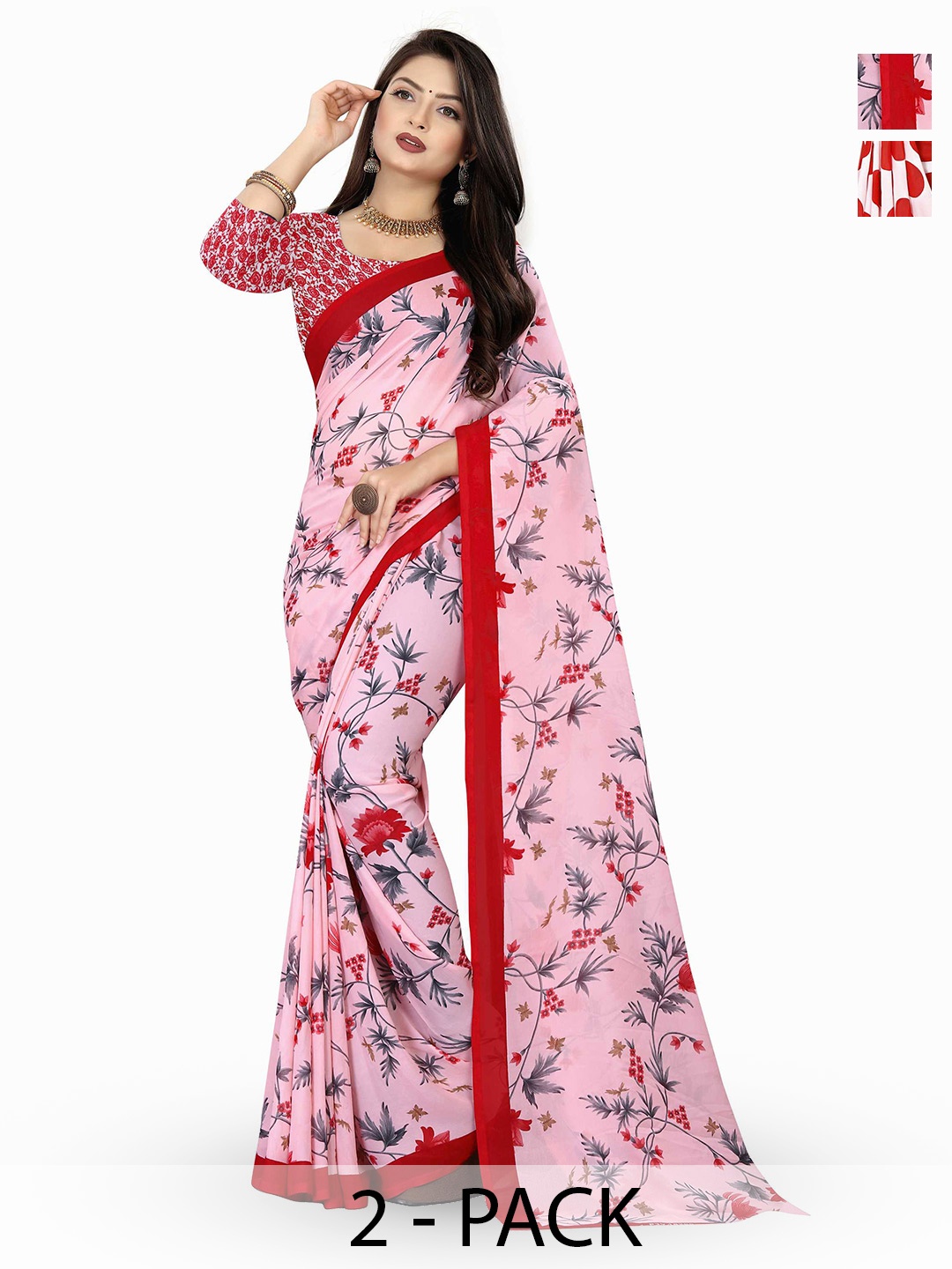 

ANAND SAREES Selection Of 2 Floral Printed Sarees, Red