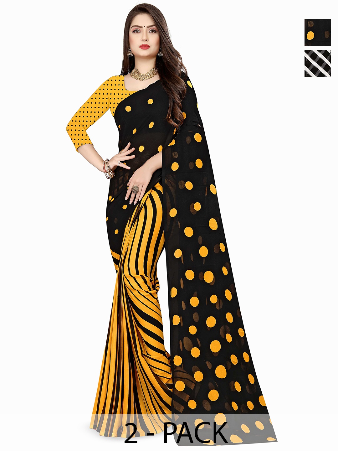 

ANAND SAREES Selection of 2 Polka Dot Printed Half and Half Sarees, Yellow