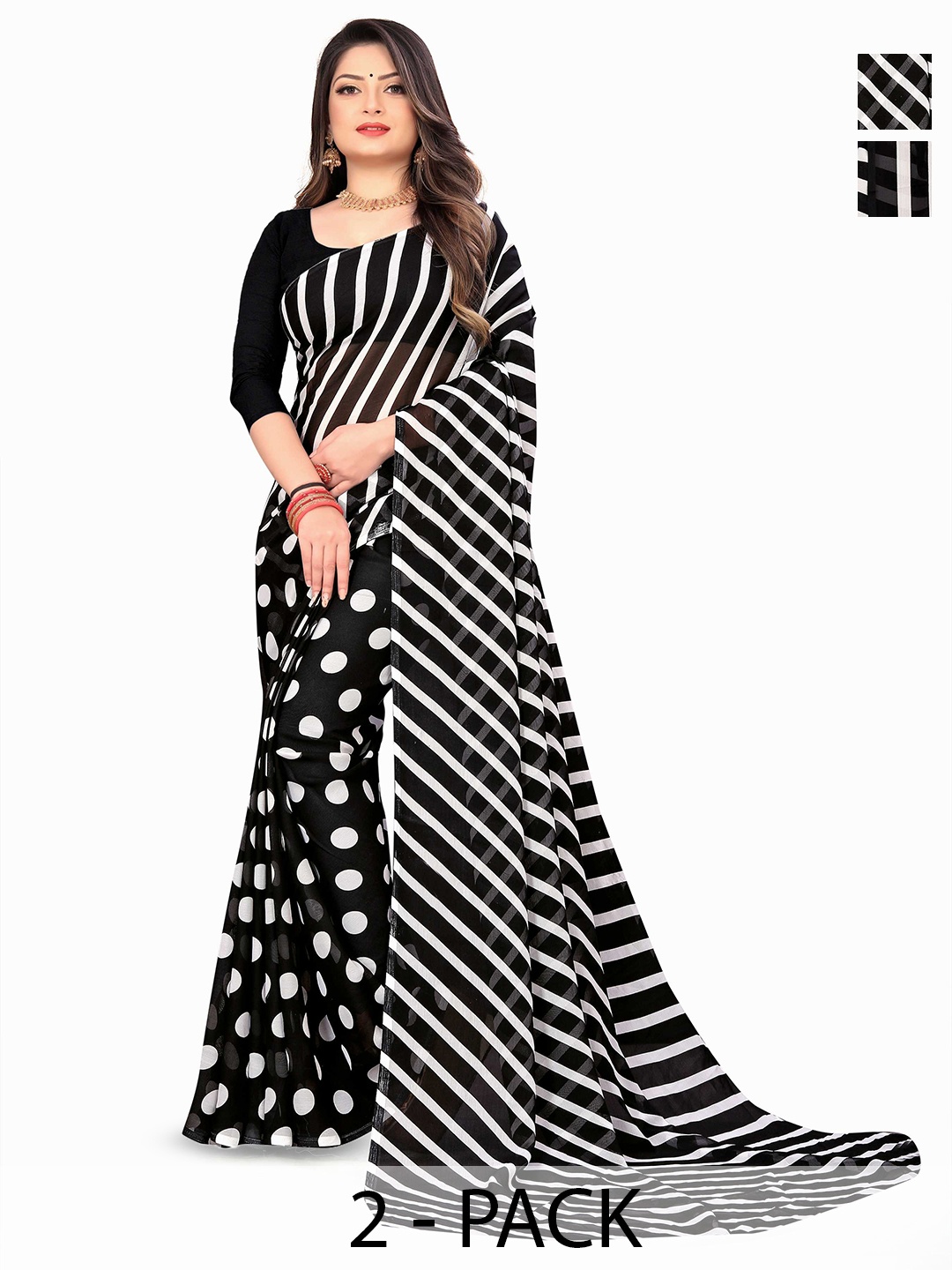 

ANAND SAREES Selection Of 2 Polks Dot Printed Sarees, Black