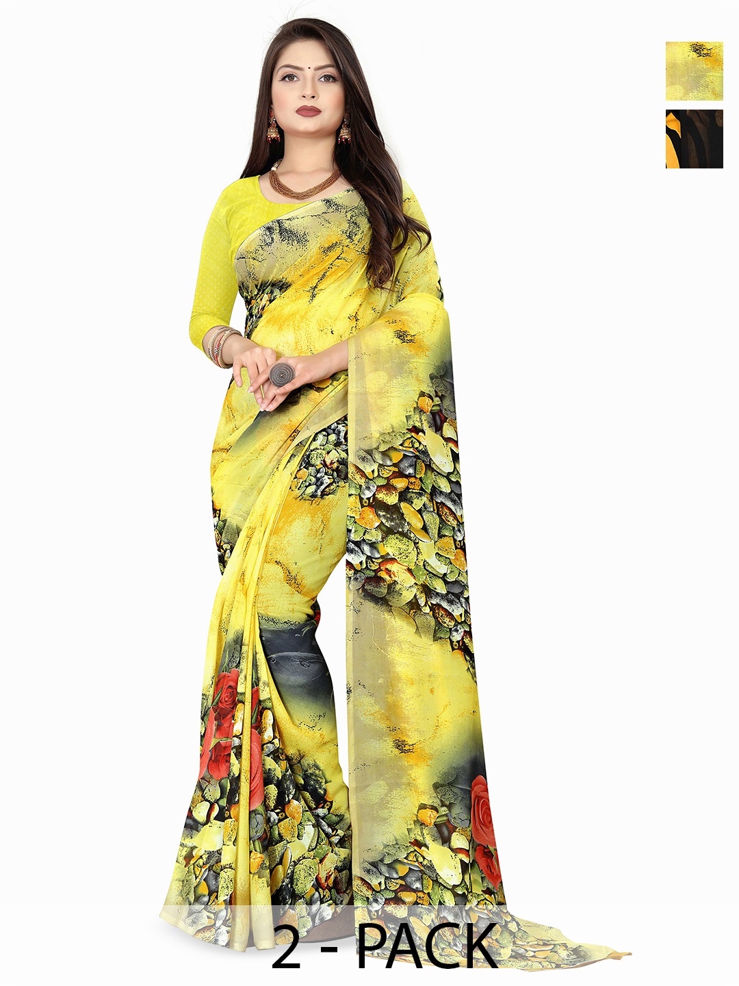 

ANAND SAREES Selection Of 2 Printed Saree, Yellow