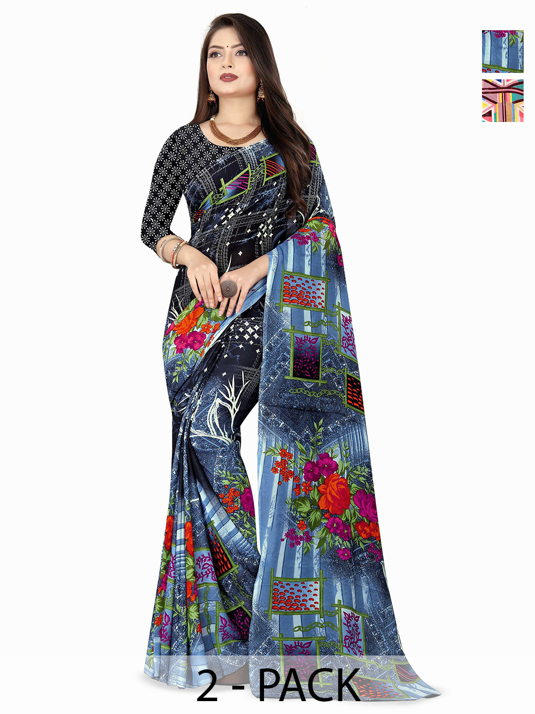 

ANAND SAREES Selection Of 2 Floral Printed Saree, Pink