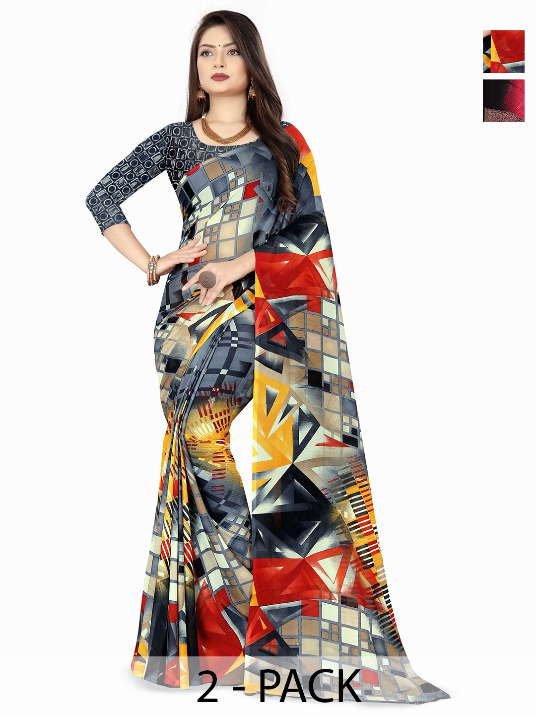 

ANAND SAREES Abstract Print 2Pcs Saree, Grey