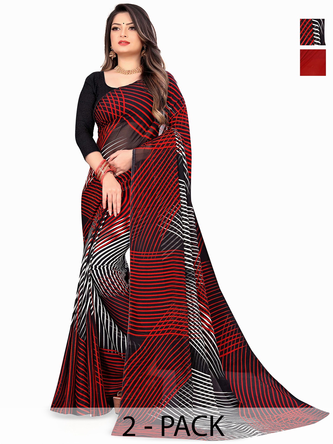 

ANAND SAREES Selection Of 2 Geometric Printed Sarees, Red