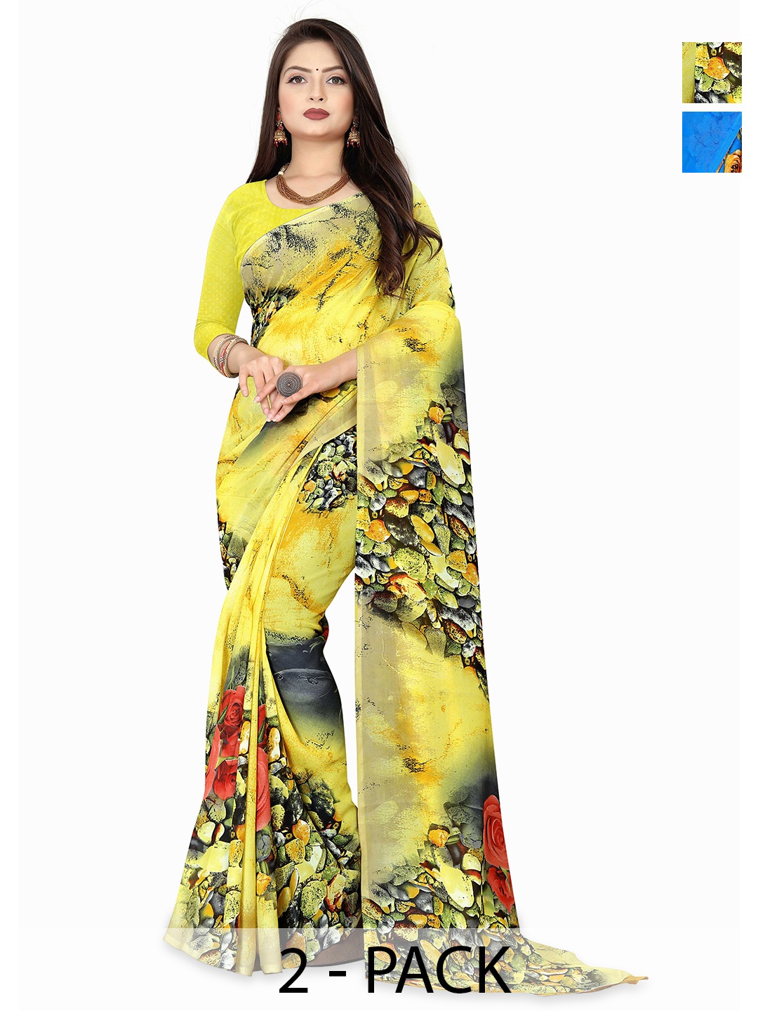 

ANAND SAREES Pack Of 2 Floral Saree, Blue