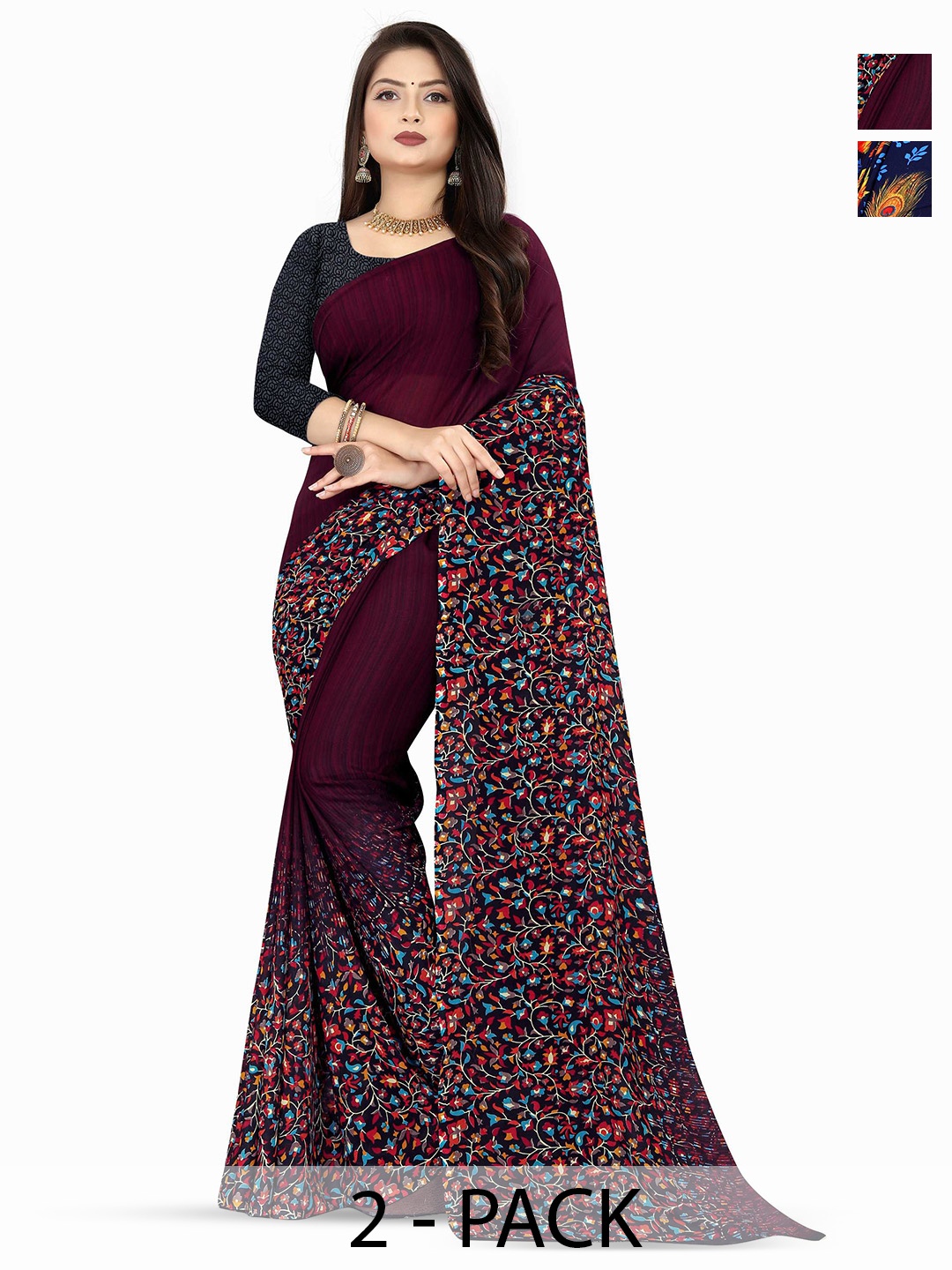 

ANAND SAREES Pack of 2 Floral Printed Sarees, Brown