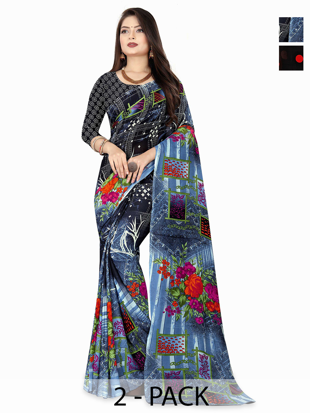 

ANAND SAREES Selection Of 2 Polka Dot Printed Sarees, Blue