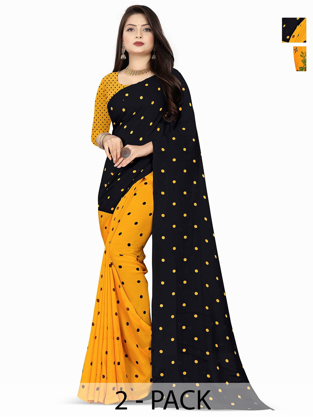 

ANAND SAREES Selection Of 2 Polks Dot Printed Sarees, Yellow