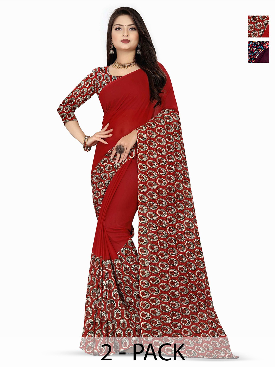 

ANAND SAREES Selection of 2 Floral Printed Sarees, Red