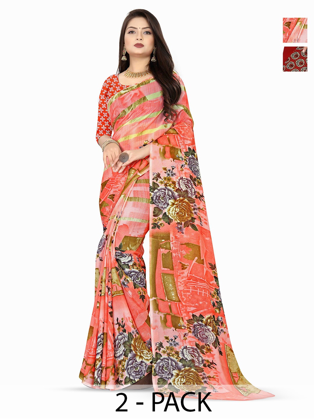 

ANAND SAREES Selection Of 2 Floral Printed Sarees, Maroon