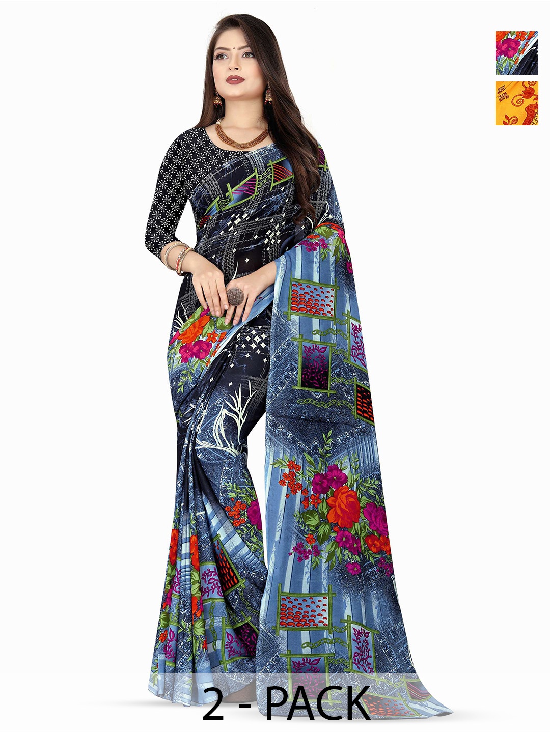 

ANAND SAREES Selection Of 2 Floral Printed Saree, Yellow
