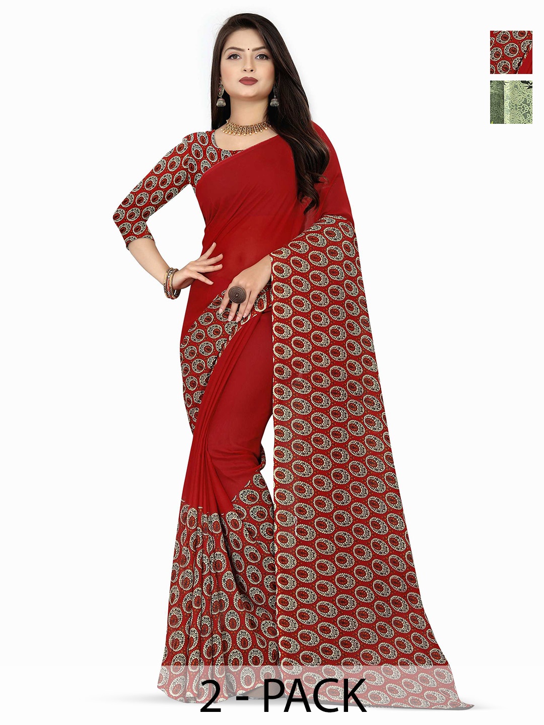 

ANAND SAREES Selection of 2 Floral Printed Sarees, Green
