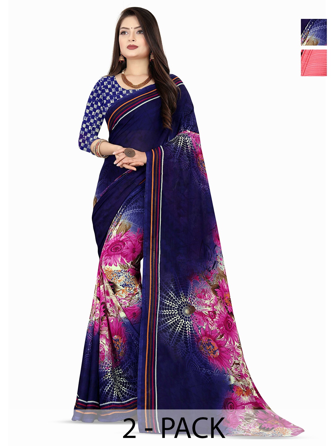 

ANAND SAREES Selection of 2 Floral Printed Saree, Blue
