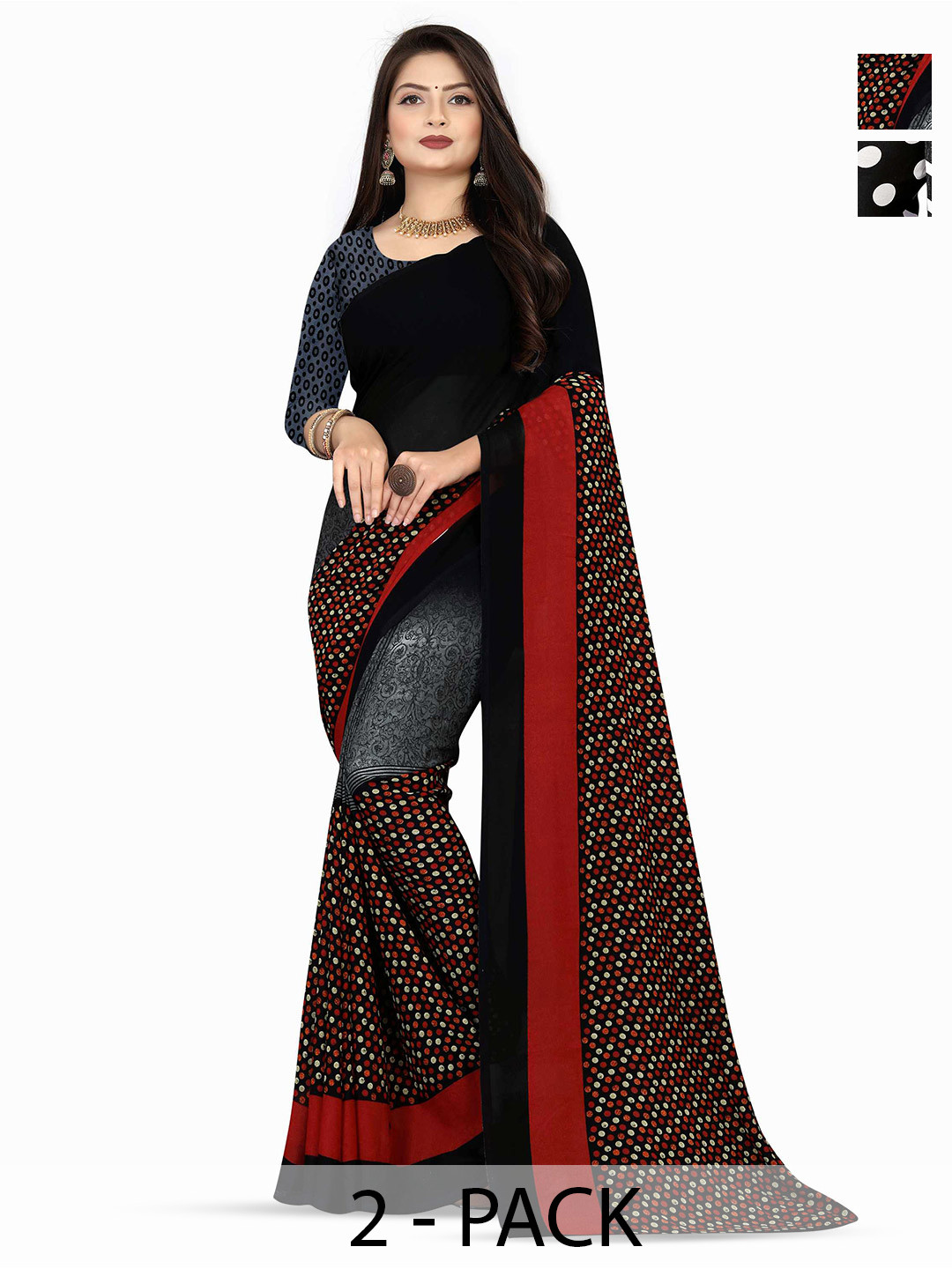 

ANAND SAREES Pack Of 2 Polka Dot Poly Georgette Saree With Blouse Piece, Black