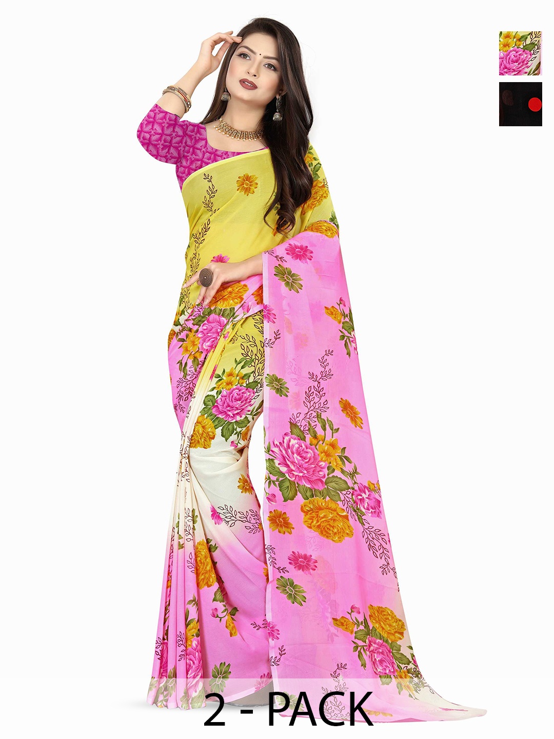 

ANAND SAREES Selection Of 2 Floral Printed Sarees, Red