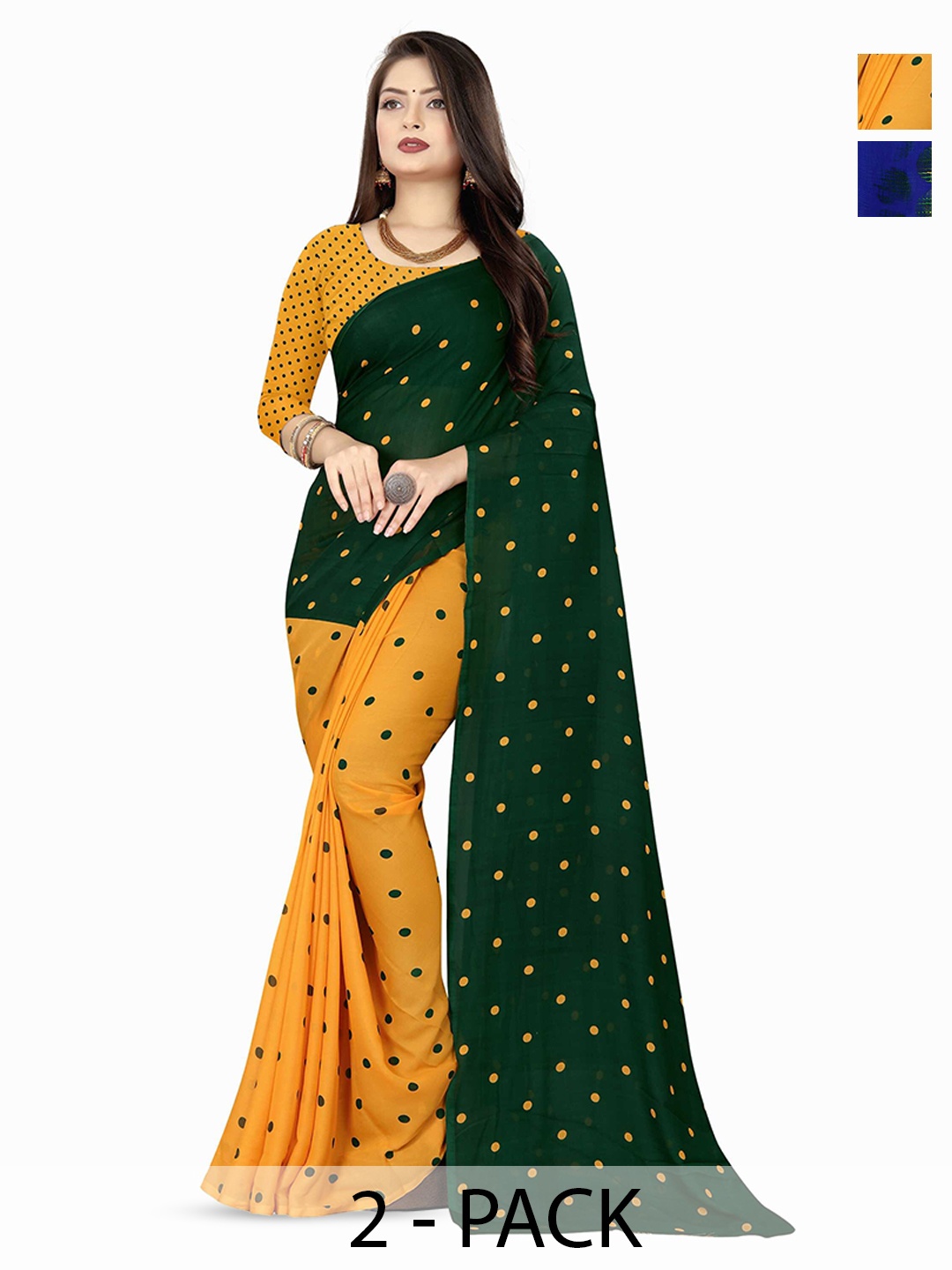 

ANAND SAREES Selection Of 2 Polka Dot Printed Saree, Blue
