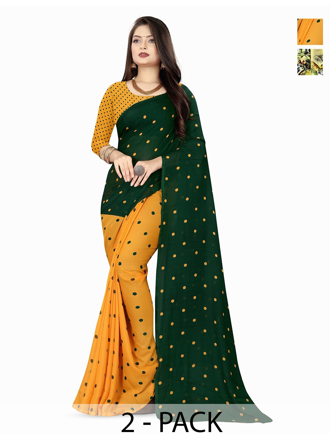 

ANAND SAREES Selection Of 2 Polks Dot Printed Sarees, Green