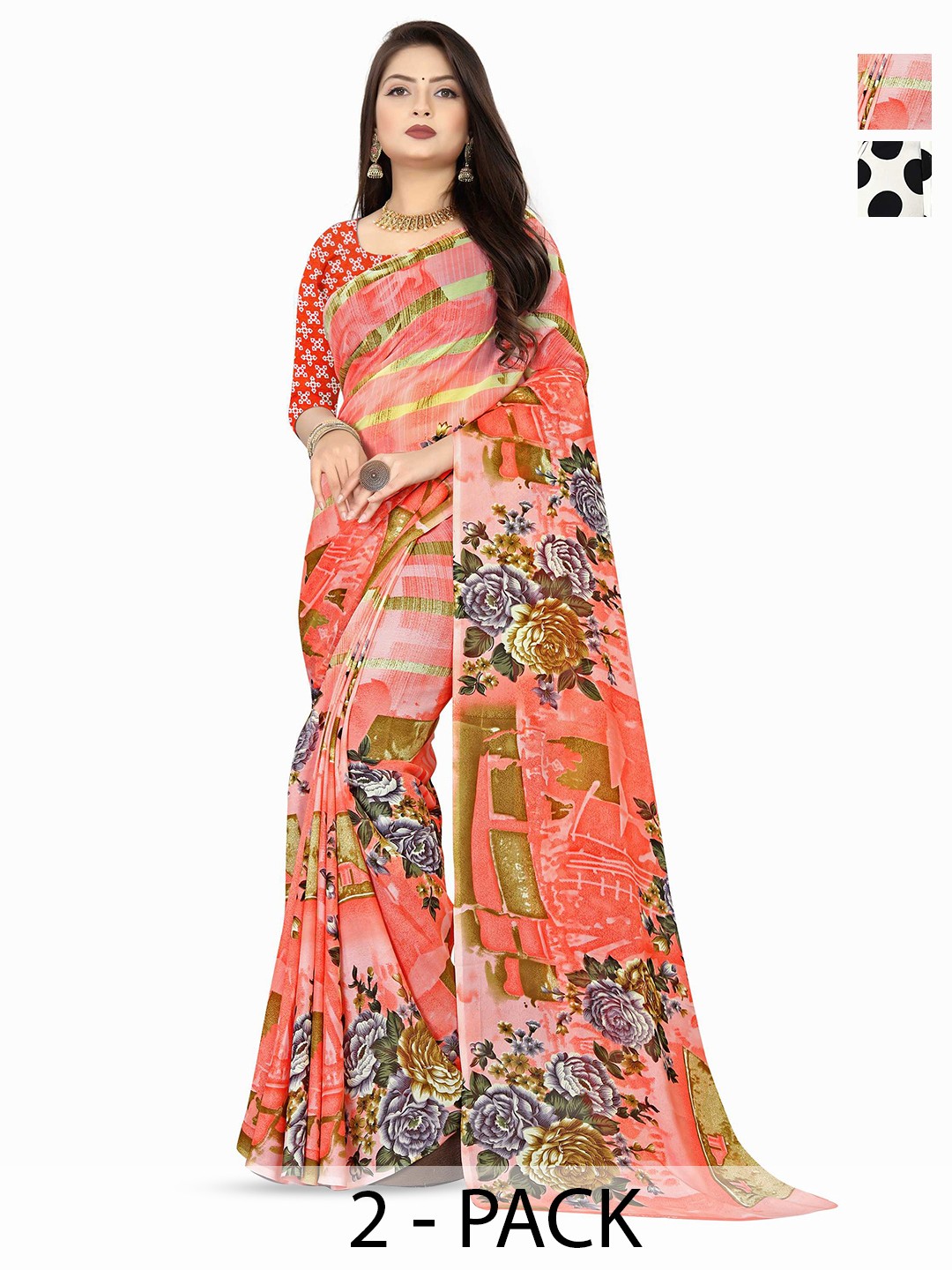 

ANAND SAREES Selection Of 2 Polka Dot Printed Saree, Black