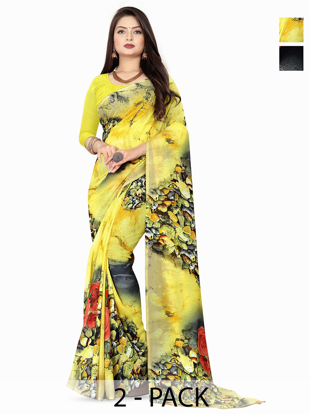 

ANAND SAREES Selection Of 2 Floral Printed Sarees, Yellow