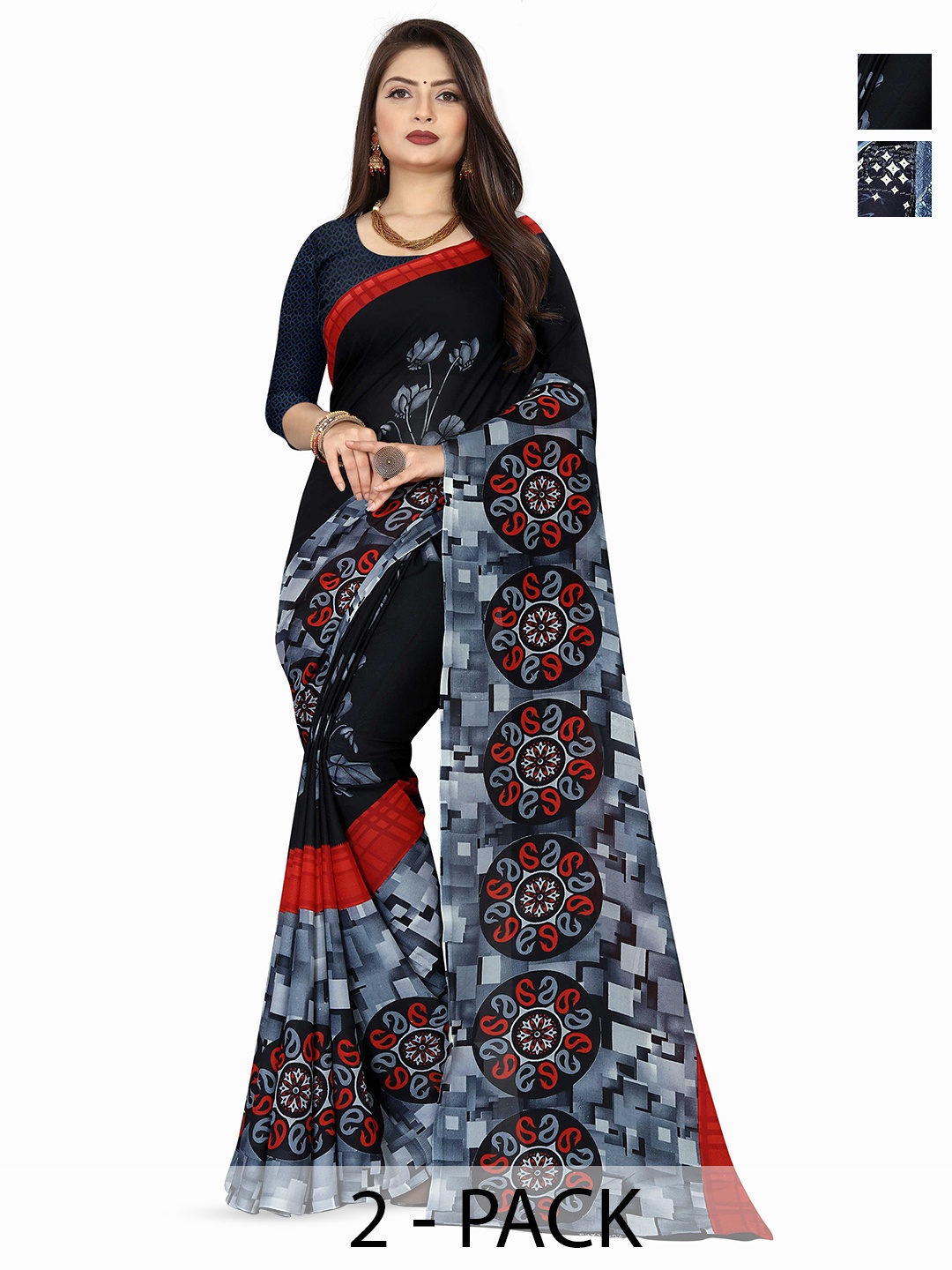 

ANAND SAREES Selection Of 2 Floral Printed Sarees, Black