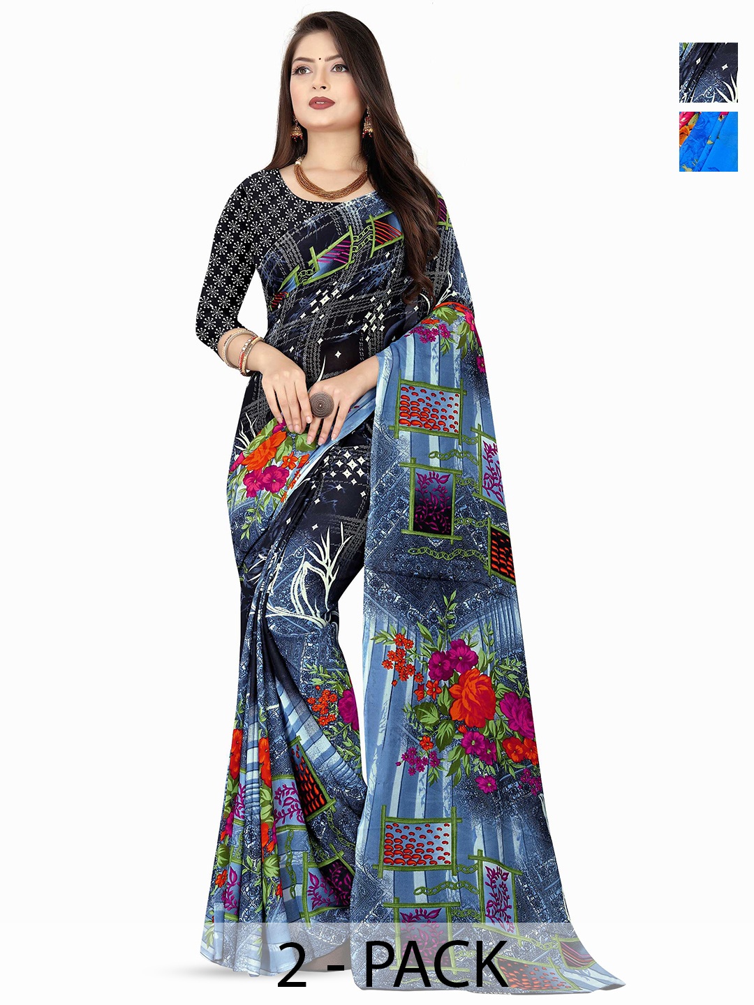 

ANAND SAREES Selection Of 2 Printed Sarees, Blue