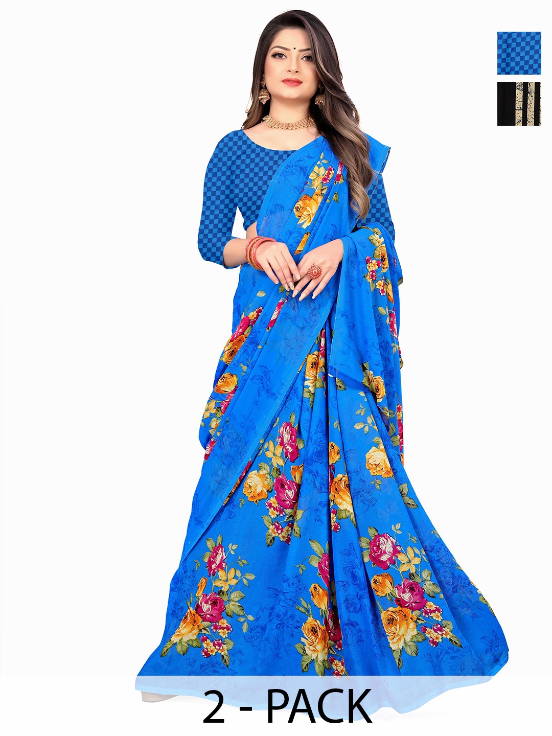 

ANAND SAREES Selection of 2 Floral Printed Saree, Blue