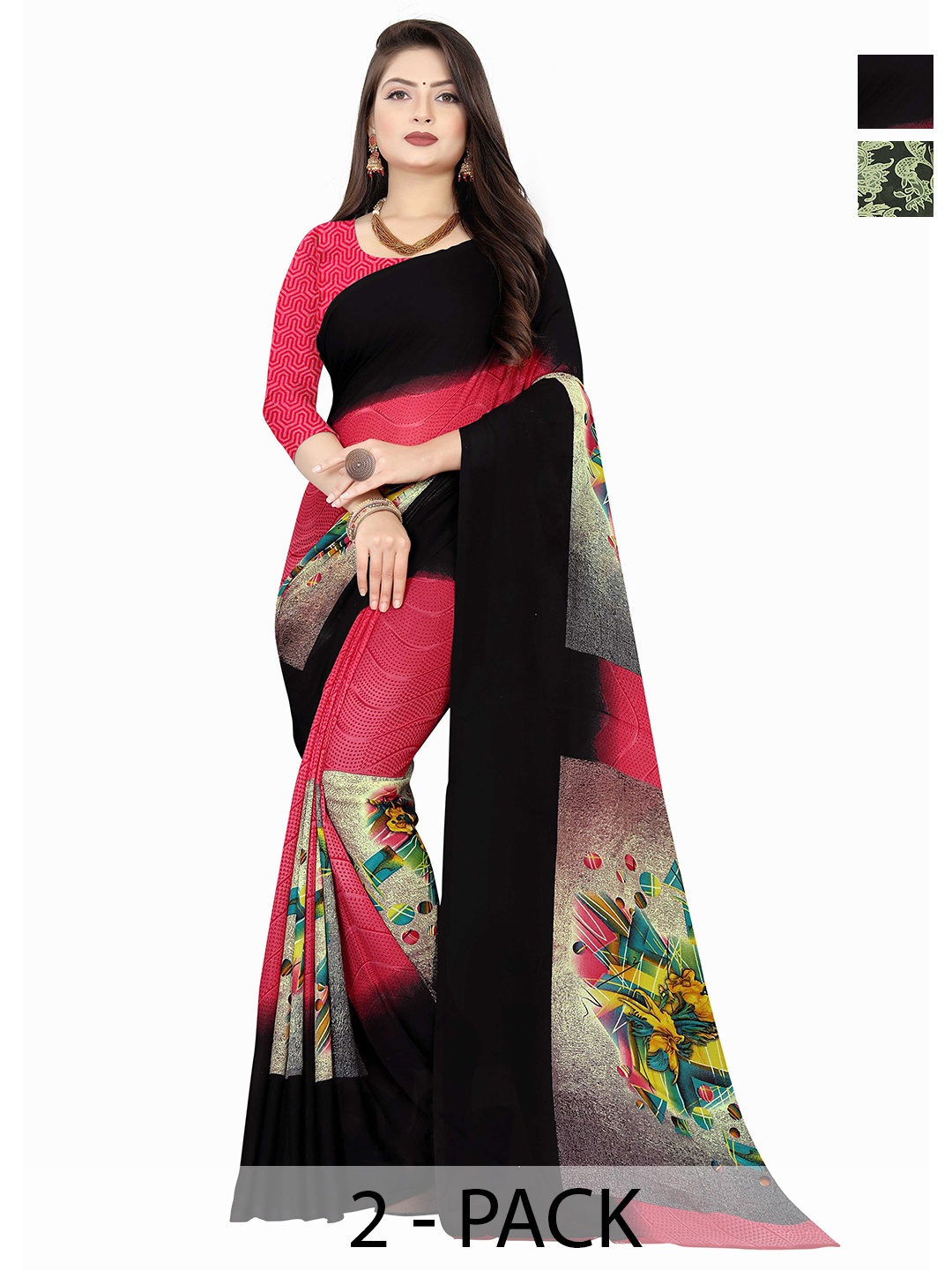 

ANAND SAREES Pack Of 2 Floral Poly Georgette Saree With Blouse Piece, Pink