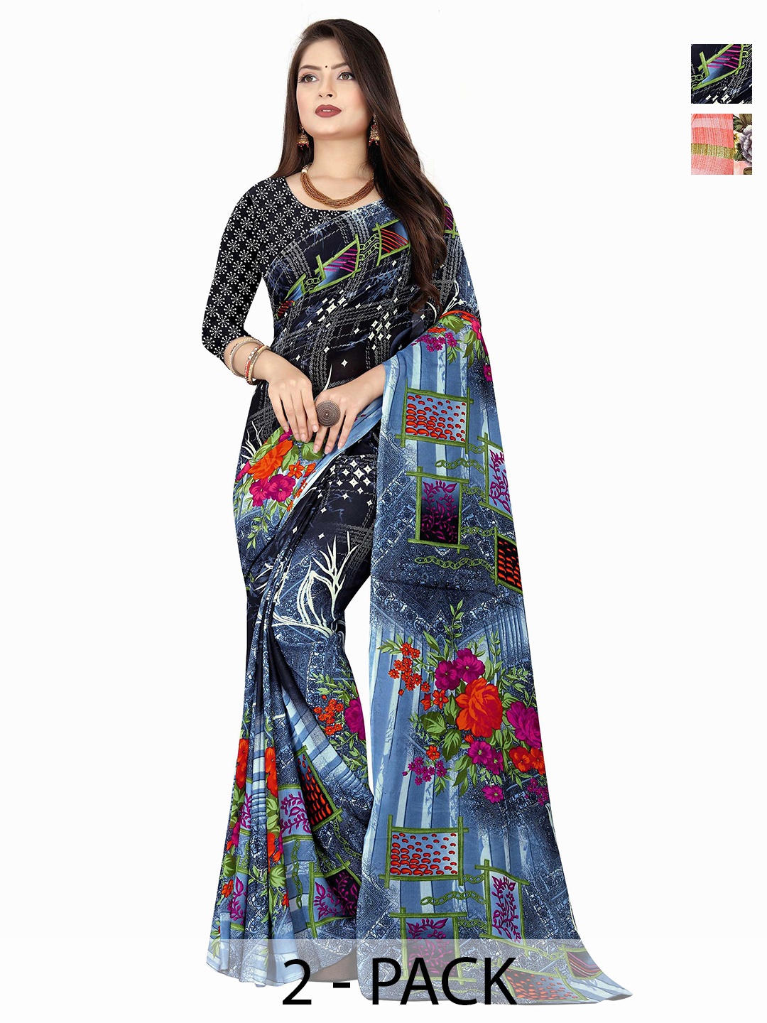 

ANAND SAREES Selection Of 2 Floral Printed Saree, Pink