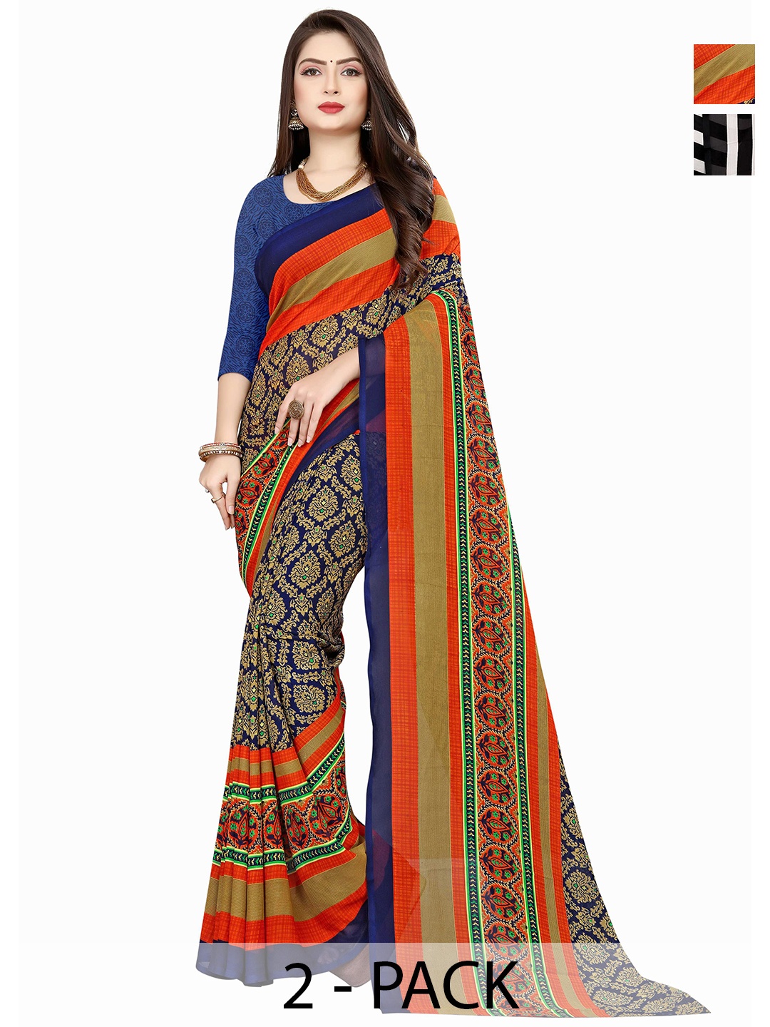 

ANAND SAREES Selection of 2 Ethnic Motifs Printed Saree, Navy blue