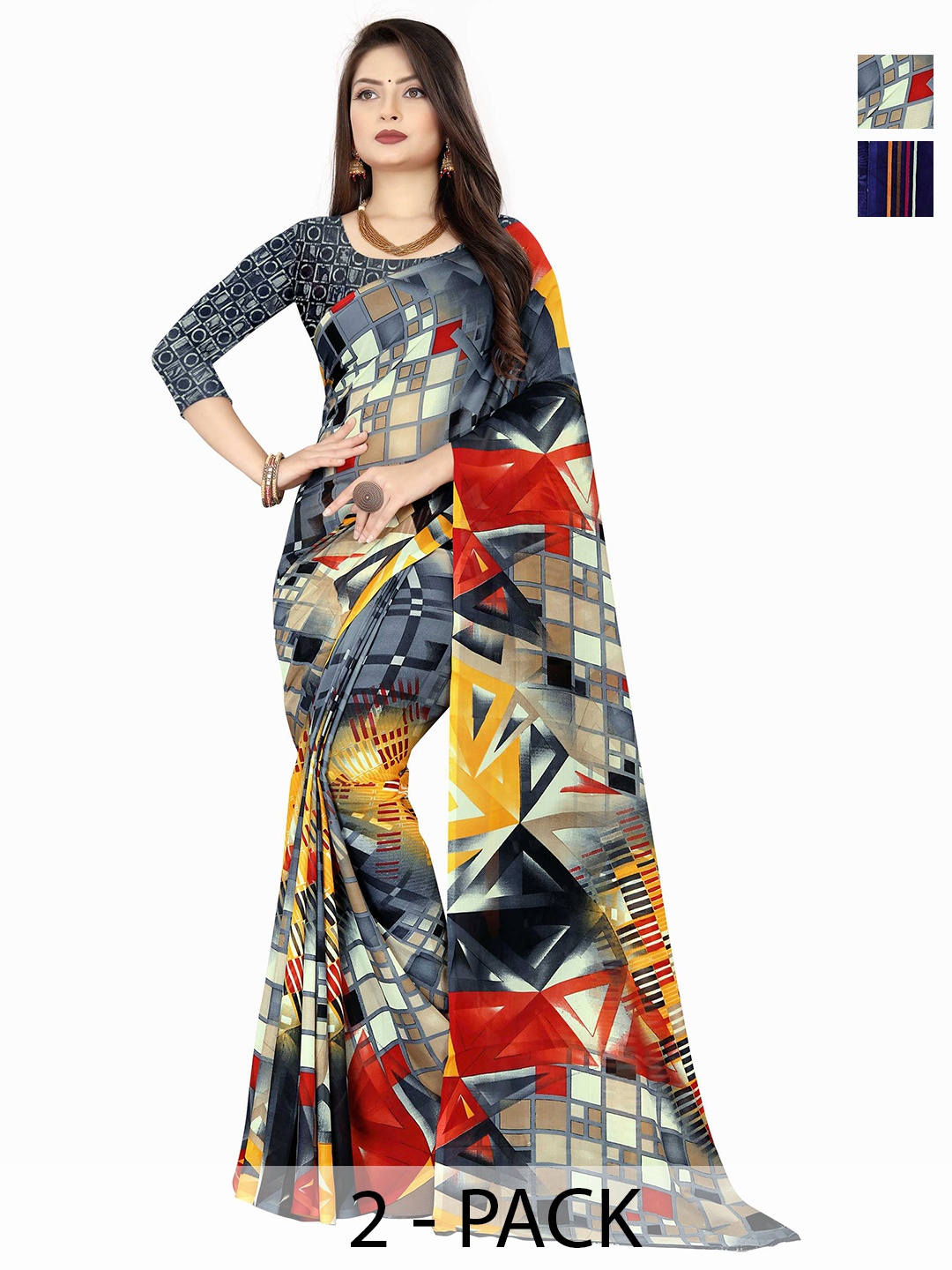 

ANAND SAREES Selection of 2 Floral Printed Saree, Grey