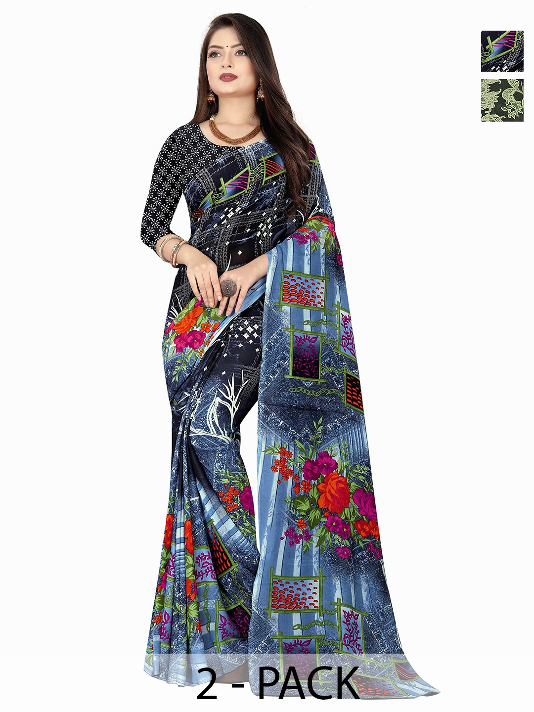 

ANAND SAREES Selection Of 2 Floral Printed Saree, Green