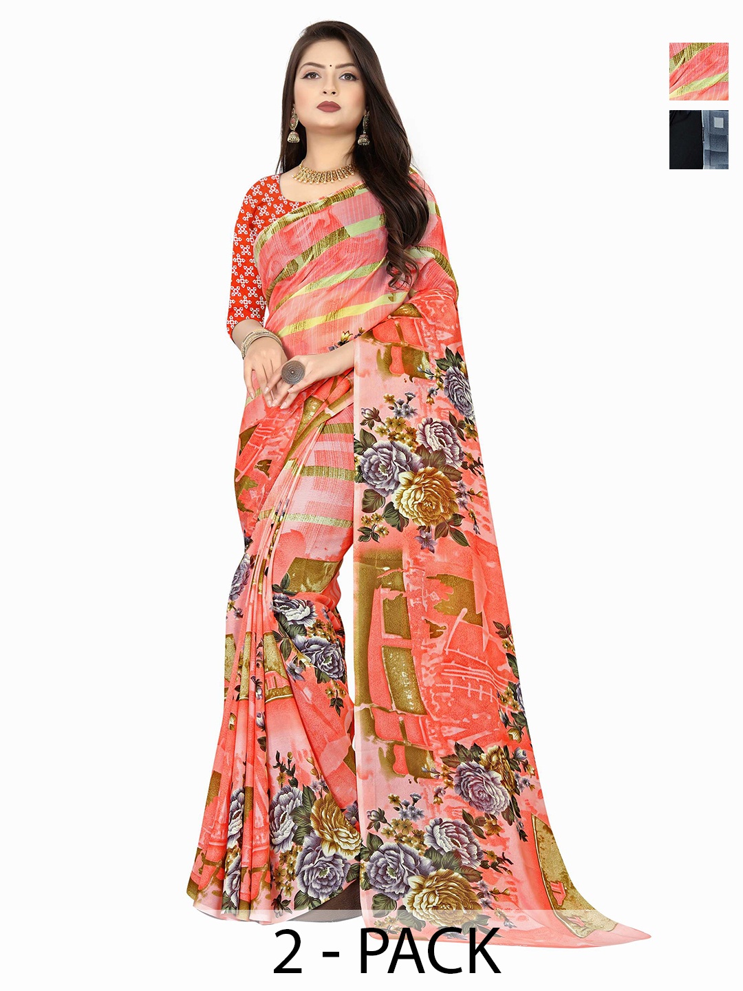 

ANAND SAREES Selection Of 2 Floral Printed Sarees, Peach