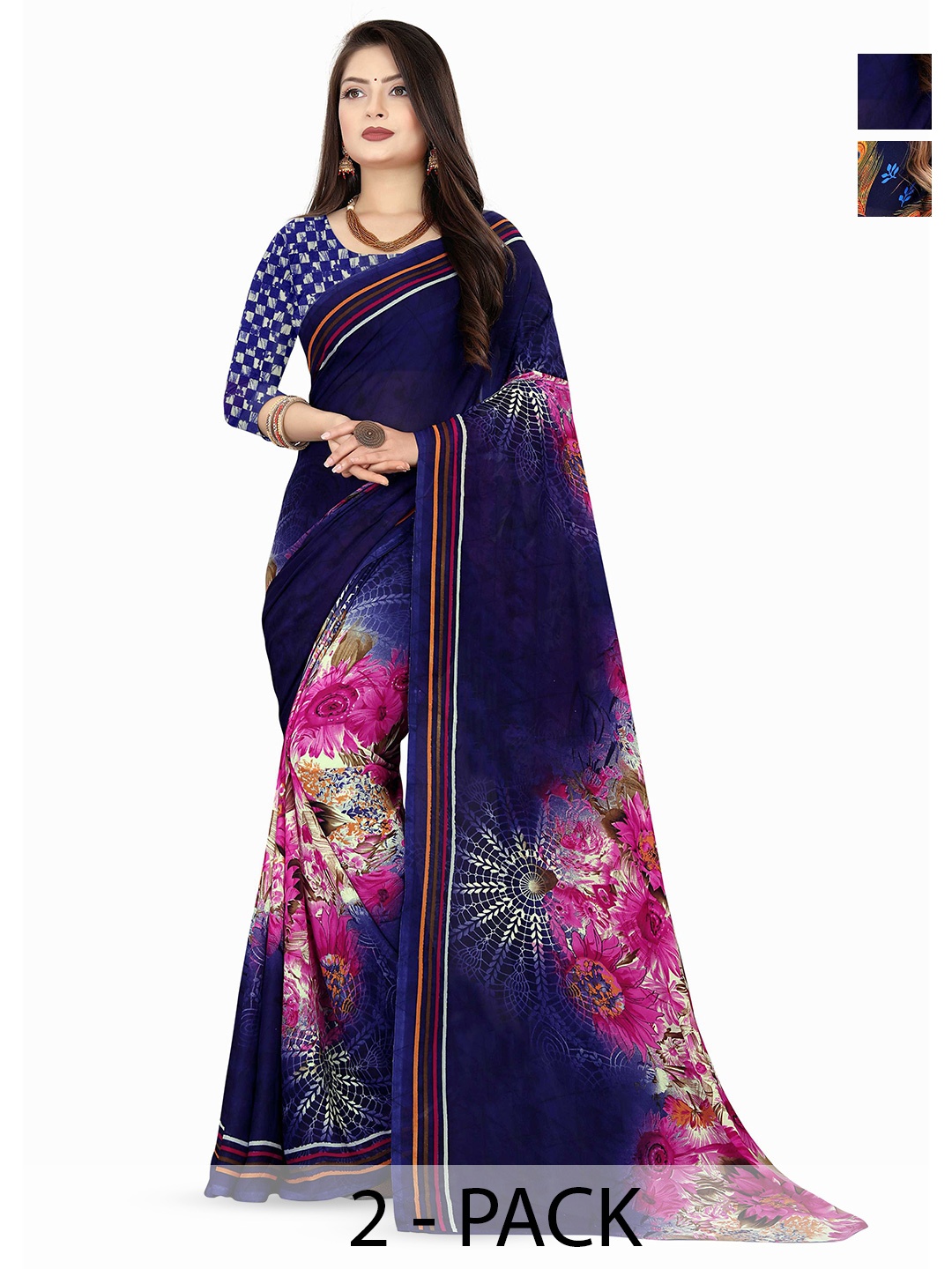 

ANAND SAREES Selection Of 2 Floral Printed Sarees, Navy blue