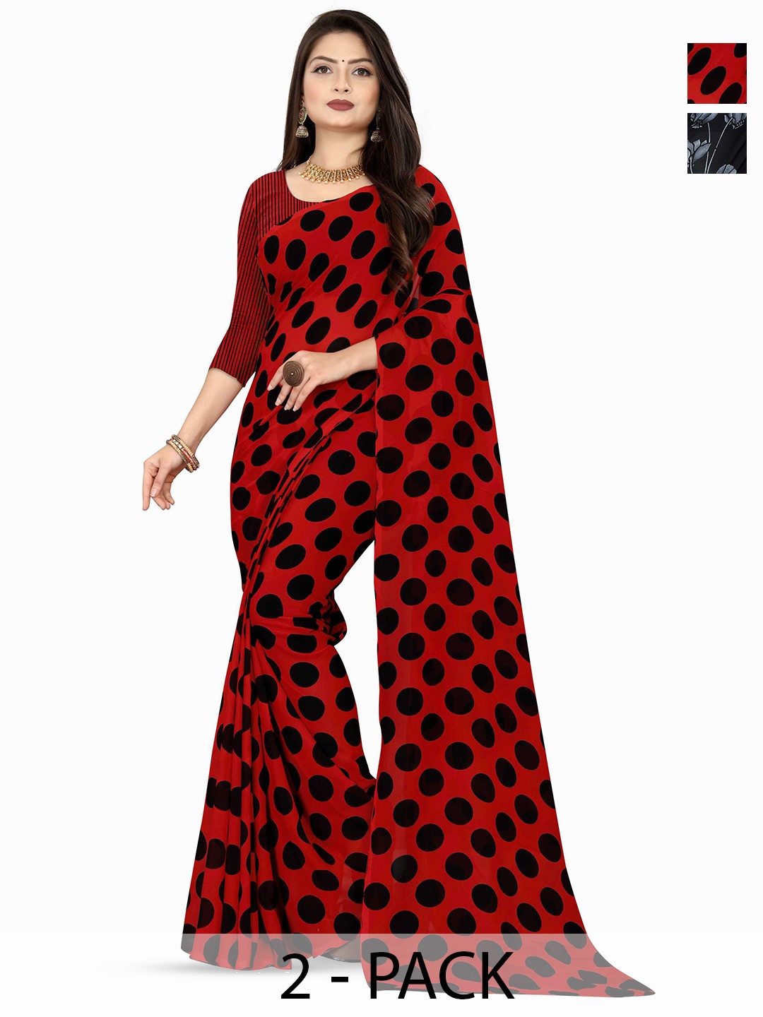 

ANAND SAREES Selection Of 2 Polka Dot Printed Sarees, Red