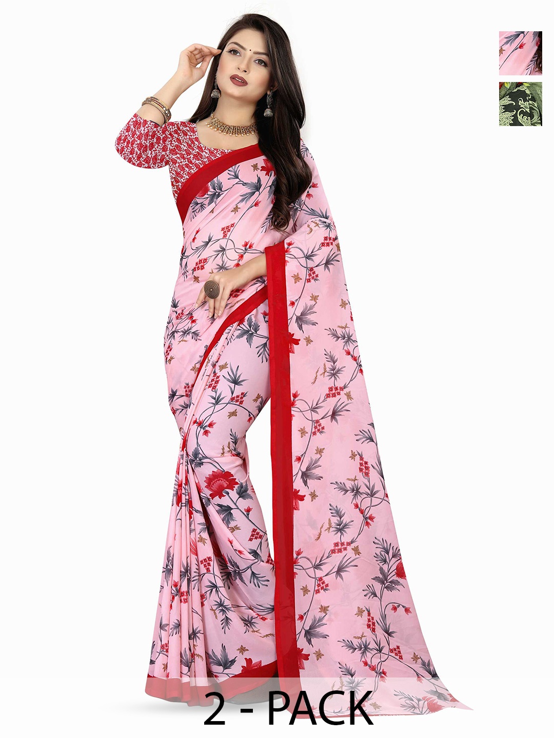 

ANAND SAREES Selection Of 2 Floral Printed Saree, Pink