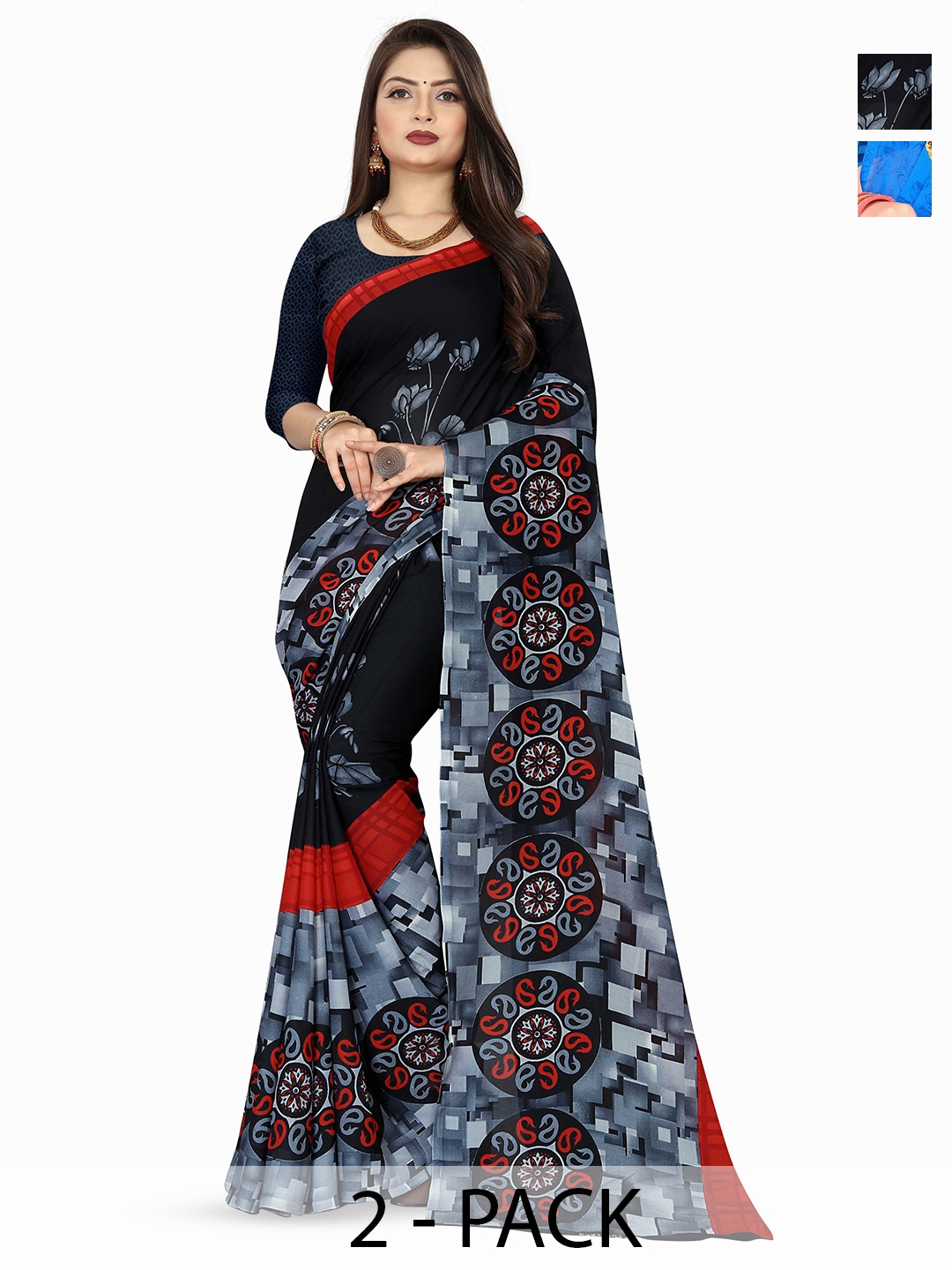 

ANAND SAREES Selection Of 2 Floral Printed Sarees, Blue