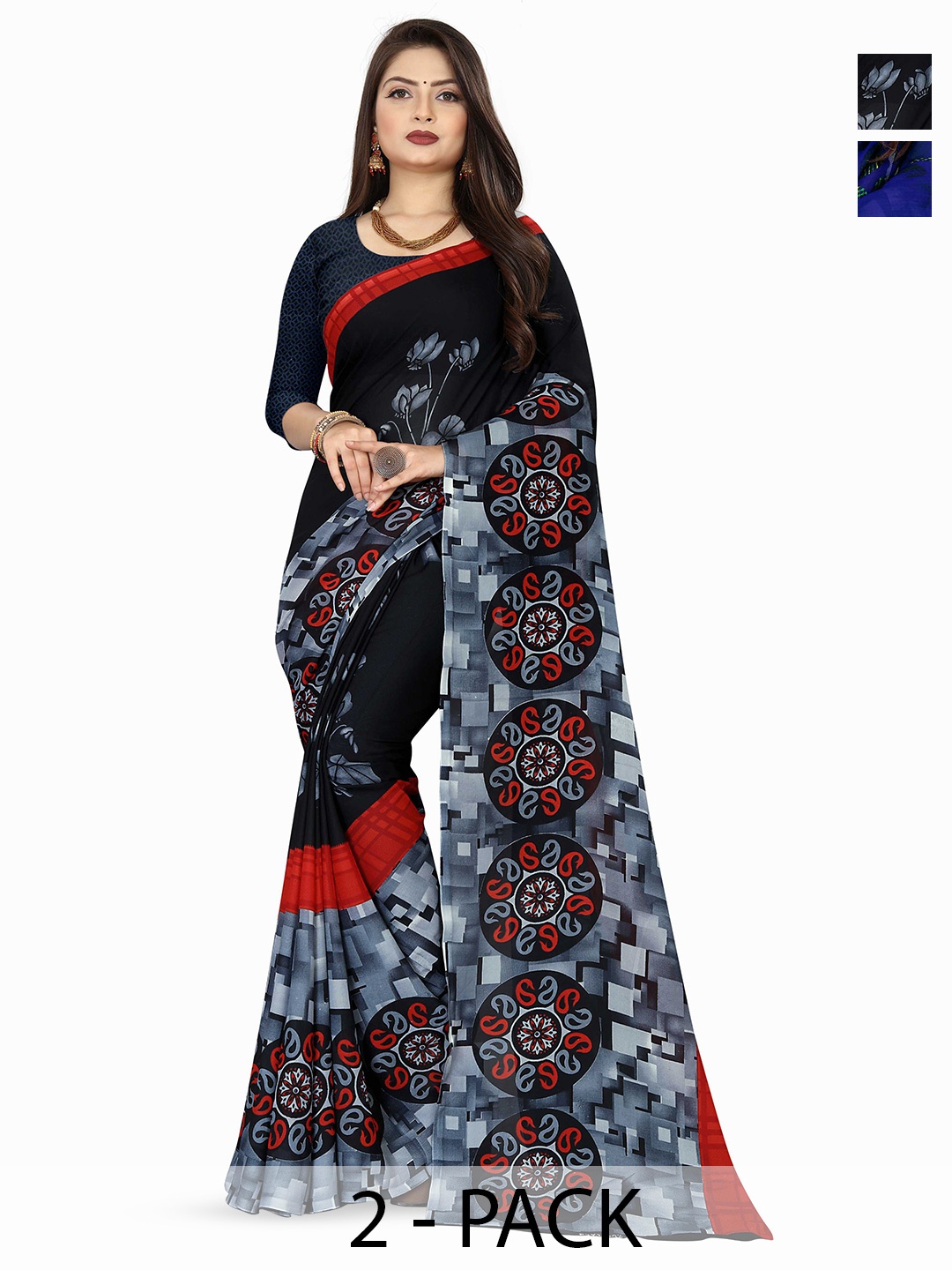 

ANAND SAREES Selection of 2 Floral Printed Saree, Blue
