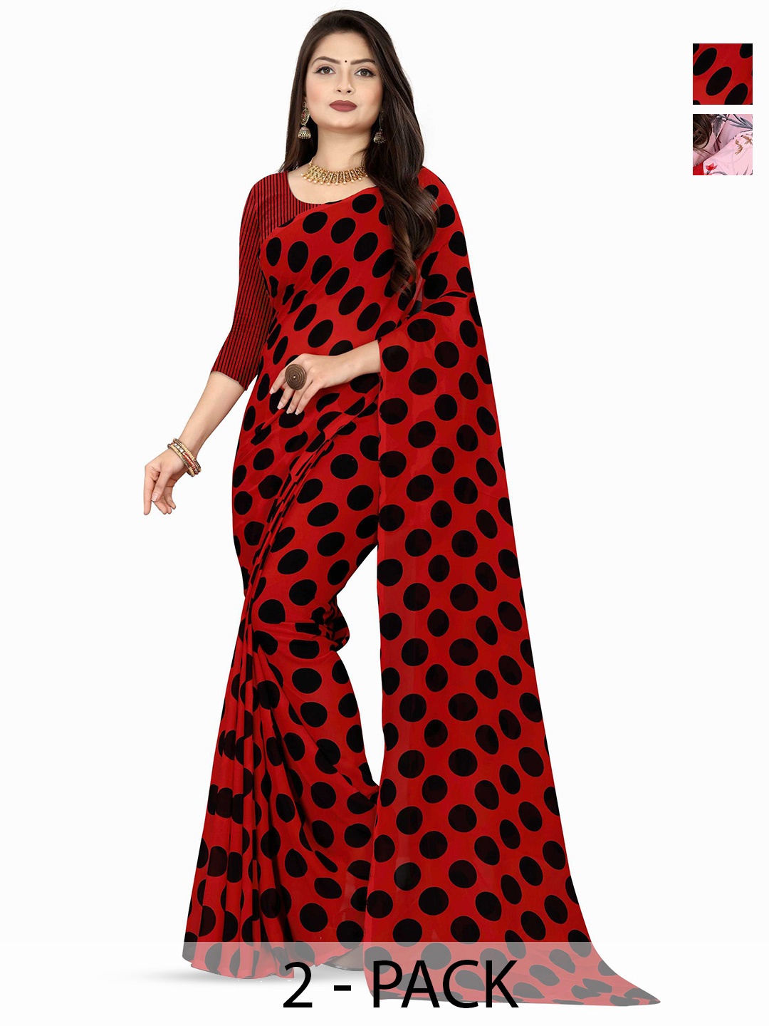 

ANAND SAREES Pack Of 2 Polka Dot Poly Georgette Saree With Blouse Piece, Red