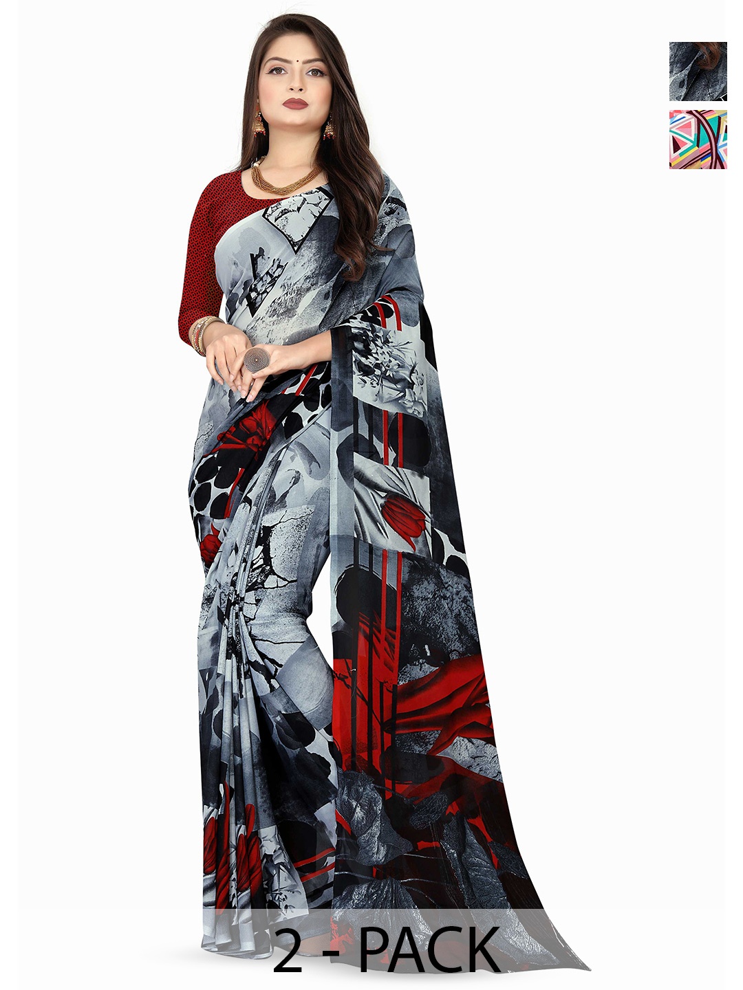 

ANAND SAREES Selection of 2 Geometric Printed Saree, Pink