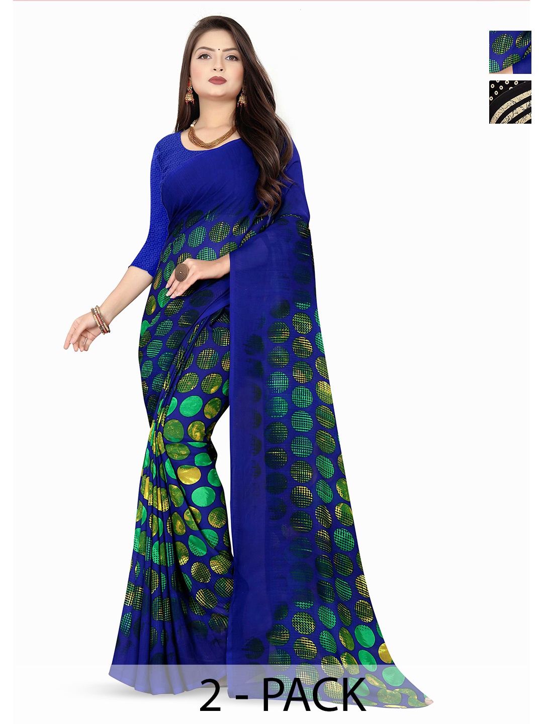 

ANAND SAREES Pack of 2 Polka Dot Printed Sarees, Black