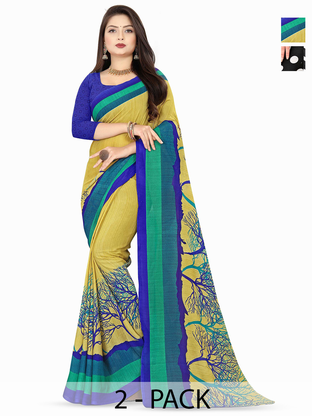 

ANAND SAREES Selection Of 2 Polka Dot Printed Sarees, Black