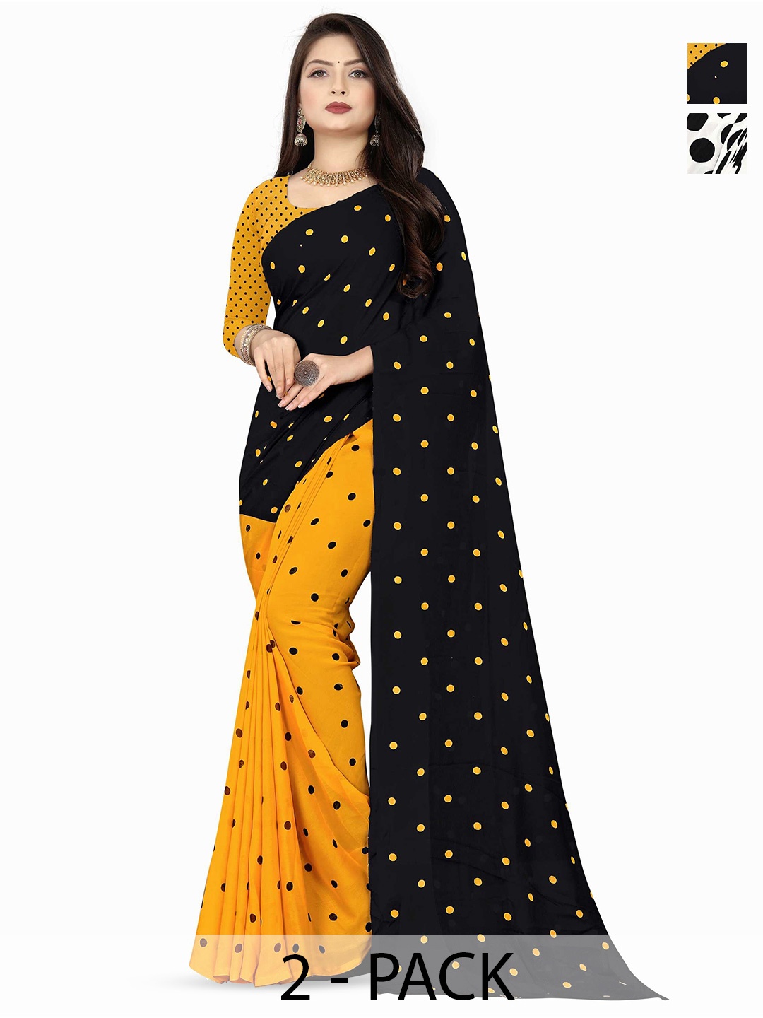 

ANAND SAREES Pack Of 2 Polka Dot Poly Georgette Saree With Blouse Piece, White