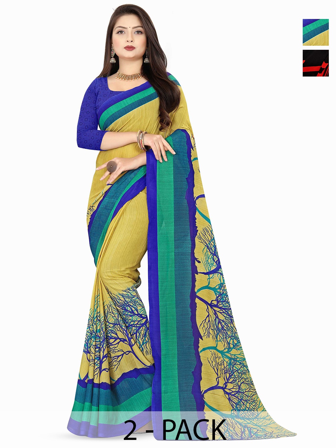 

ANAND SAREES Selection Of 2 Polka Dot Printed Sarees, Black