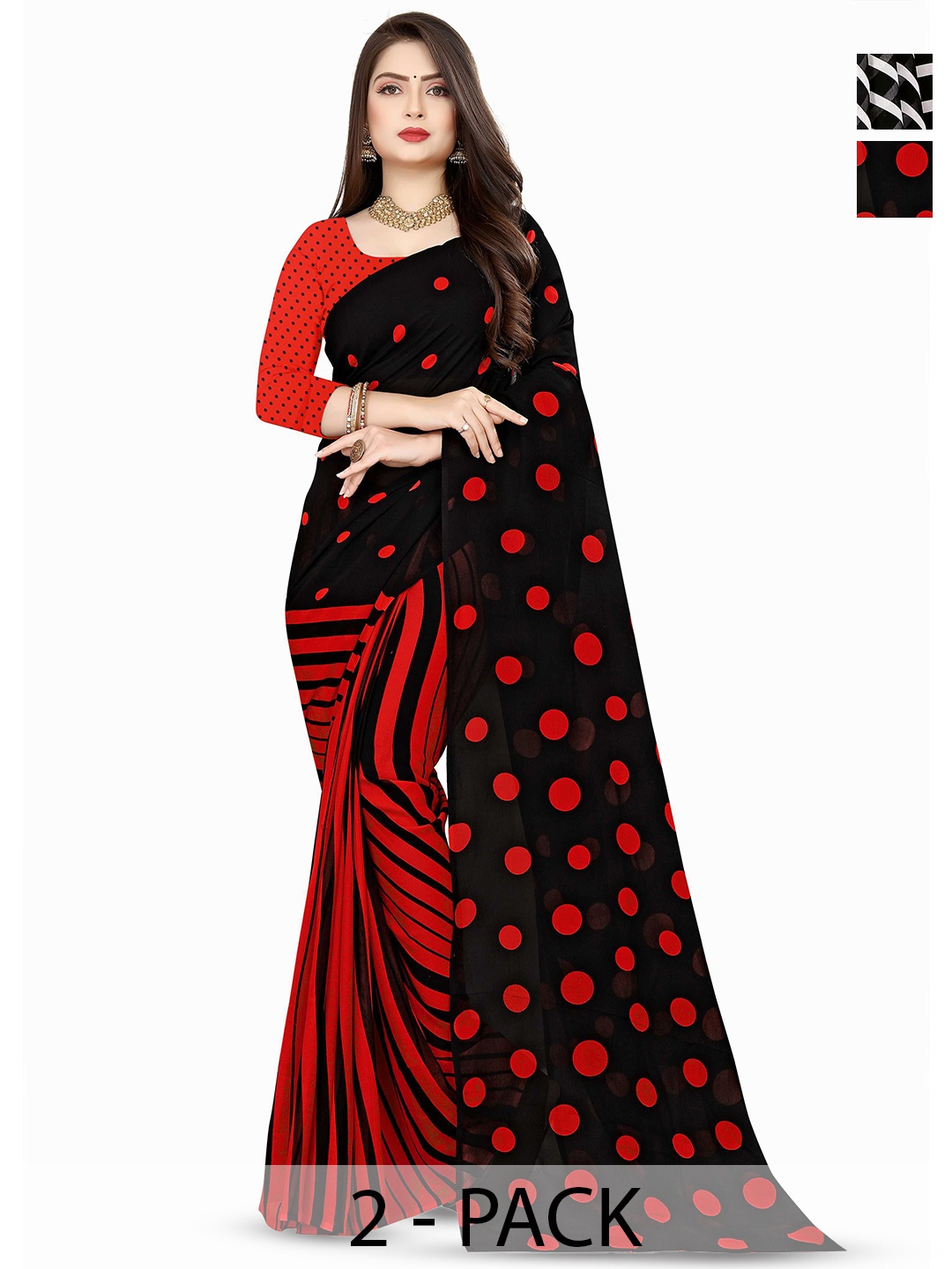 

ANAND SAREES Selection Of 2 Polka Dot Printed Sarees, Red