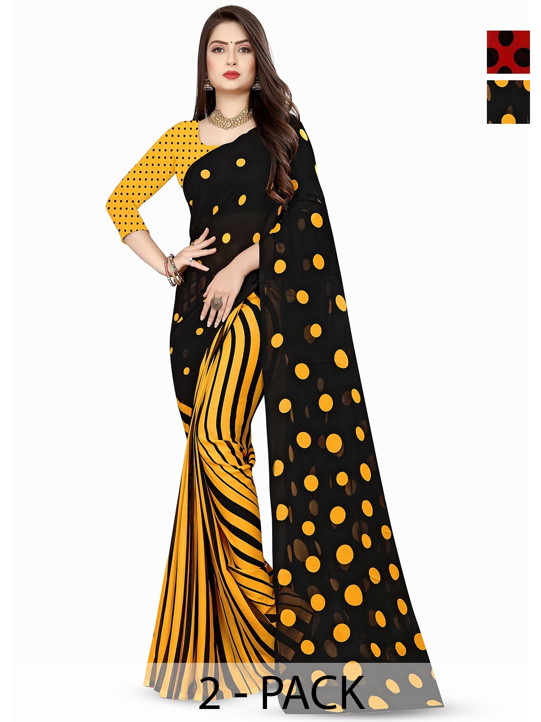 

ANAND SAREES Selection Of 2 Polka Dot Printed Saree, Yellow