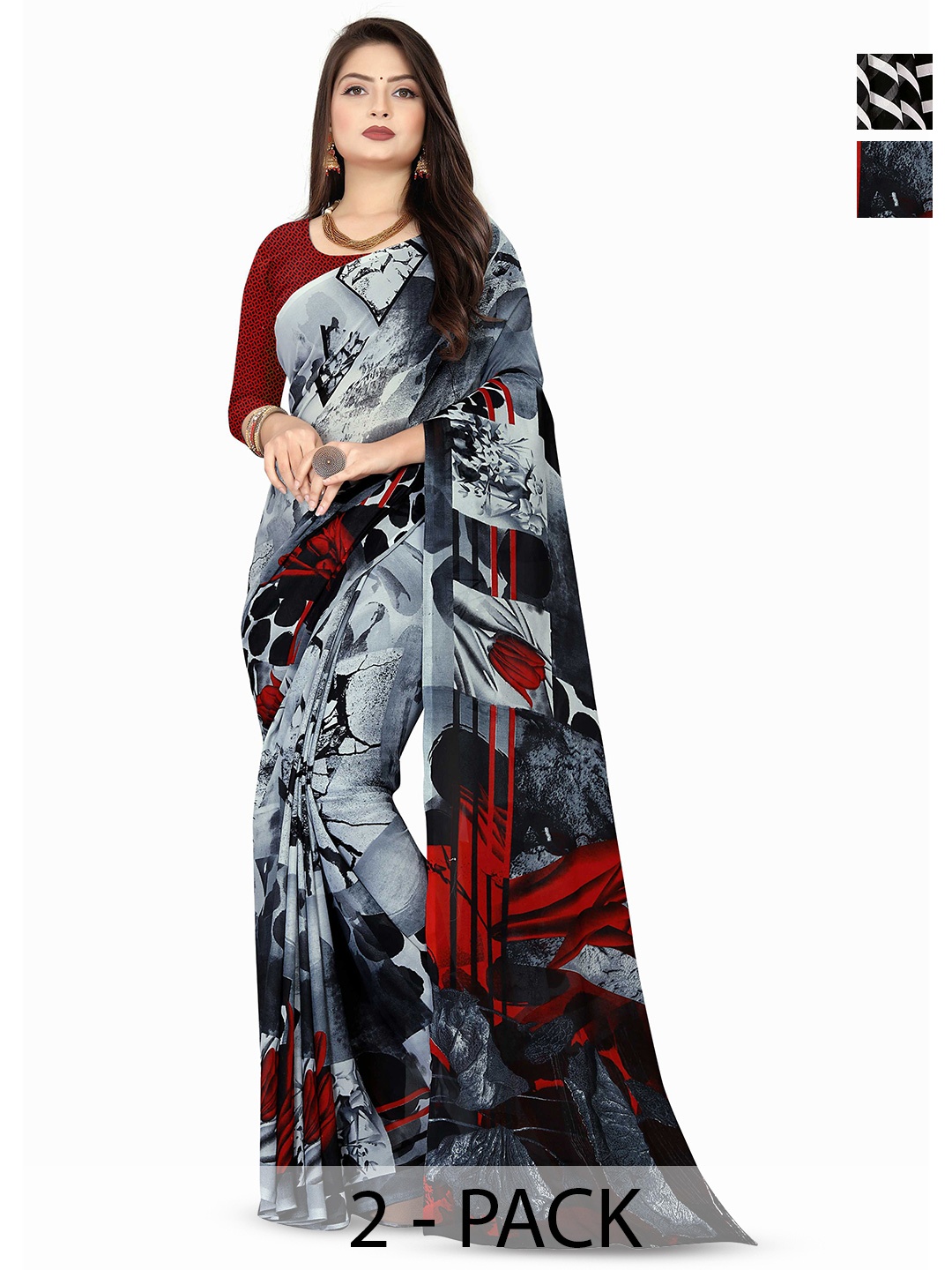 

ANAND SAREES Selection Of 2 Geometric Printed Sarees, Black