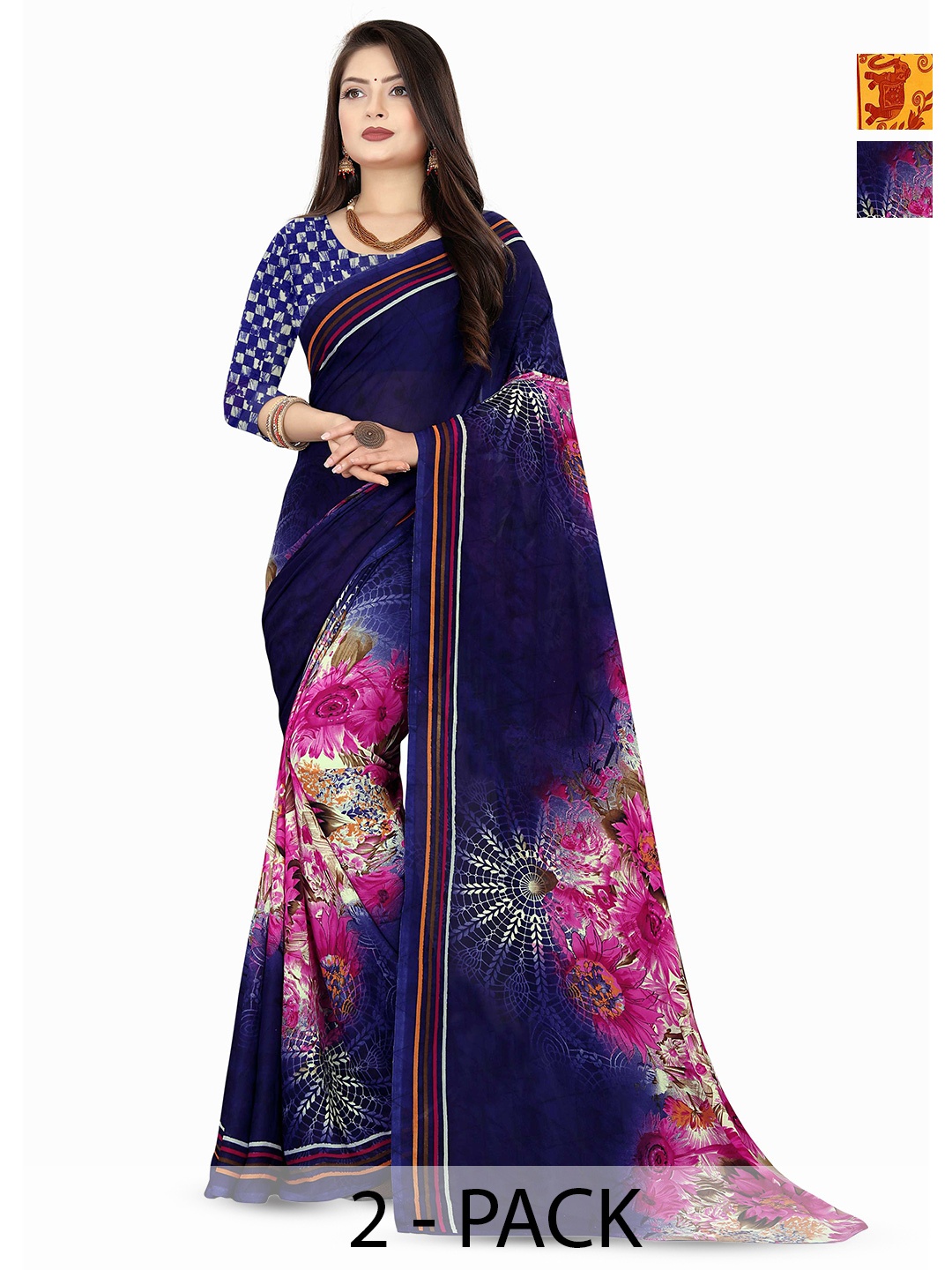 

ANAND SAREES Pack of 2 Floral Printed Sarees, Blue